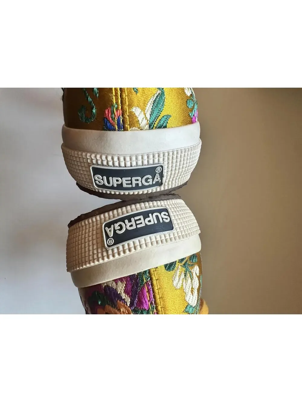 Superga Women's 2750 Korelaw sneakers gold floral embroidered satin upper Size 7 - Picture 5 of 8